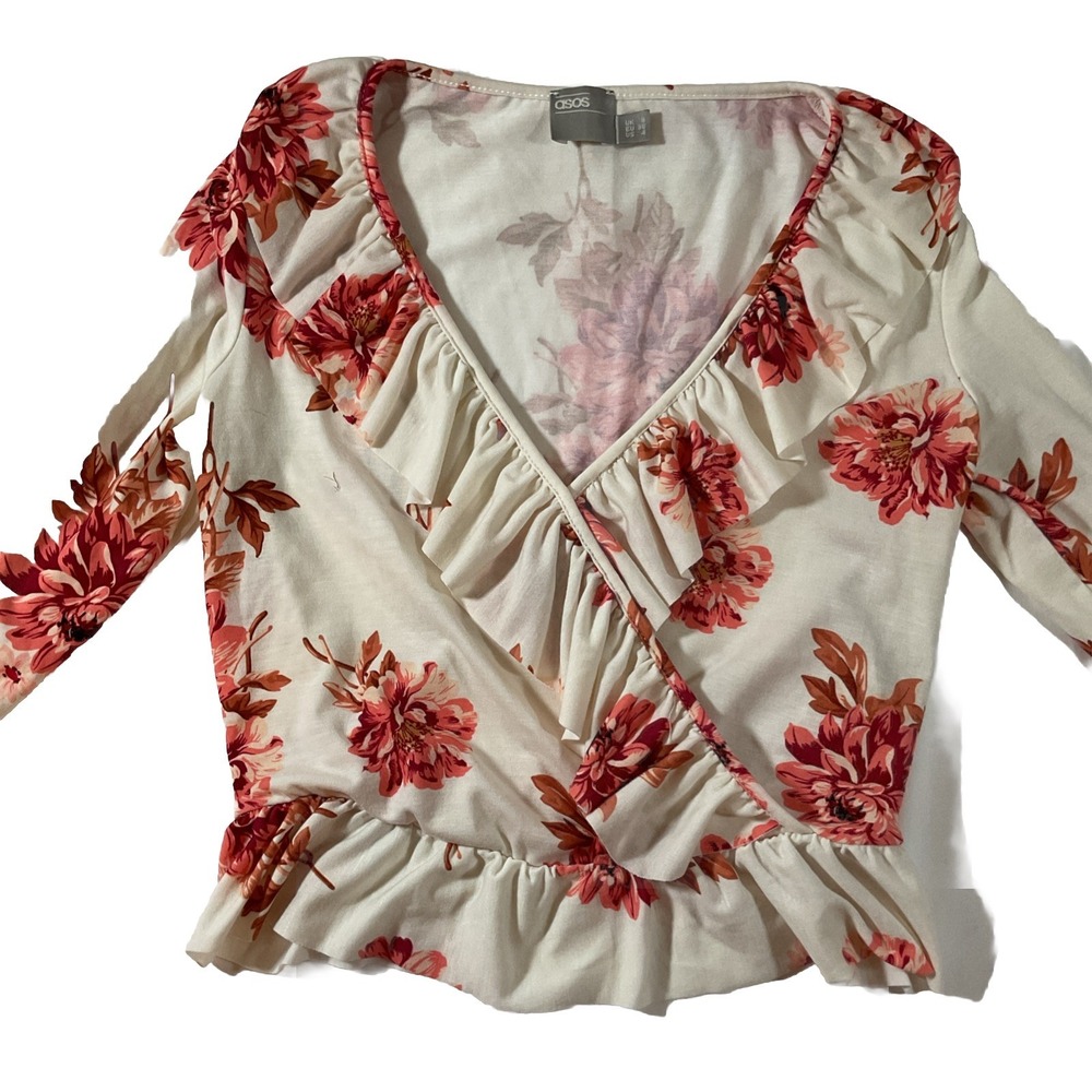 ASOS Design Floral Crop Top V-Neck Long Sleeved Ruffle Wrap Front Size 4 J56